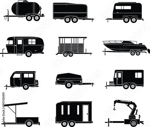 Trailer silhouettes collection with cargo camper boat utility and construction trailers, transport towing vehicles isolated on white background vector illustration set for transport design