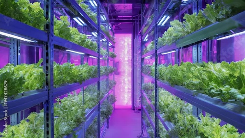 Vertical Farming Technology Showcases Automated Lettuce Harvesting Under LED Lights.