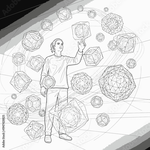 Man interacting with 3D virus models.