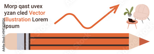 Business development, education tools, creative workspace, productivity, marketing, analytics. Upward arrow with pencil and workspace details. Business growth and creative workspace