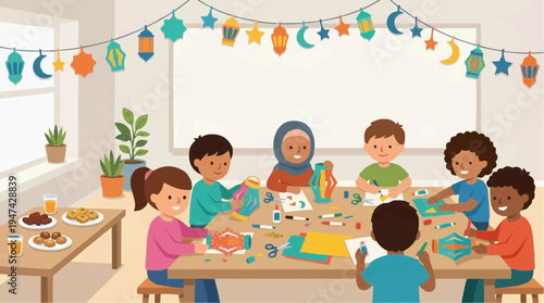 Children in colorful clothing crafting together at a table during a festive eid celebration in a bright room