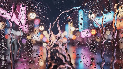 Streaming water droplets on glass vibrant urban bokeh night background