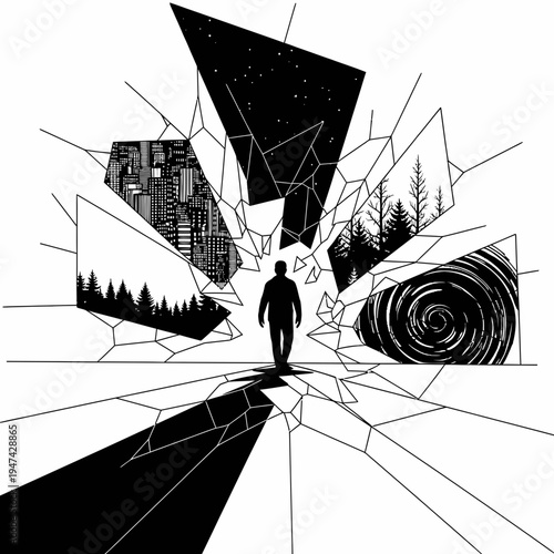 Man walking through broken glass wall.