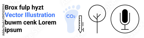 Environmental conservation, carbon emission, sustainability, climate change awareness, ecological impact, communication. A foot, CO2 meter tree and microphone icons . Sustainability and carbon