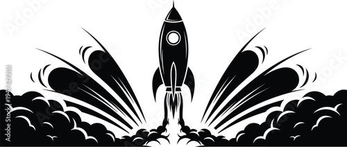 Rocket launch silhouette vector illustration with smoke clouds and blast waves, space startup concept symbolizing innovation, technology growth, missi