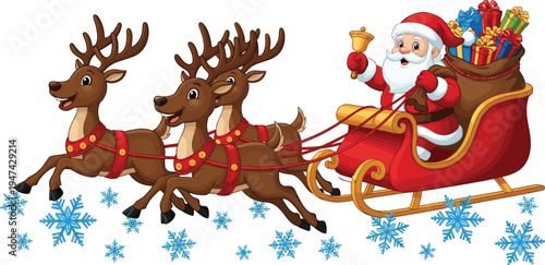 Santa Claus riding sleigh with reindeer carrying Christmas gifts, festive winter holiday cartoon illustration with snowflakes, Santa sleigh and reindeers isolated vector