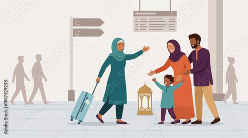 Family of four with luggage and lantern walking through airport terminal travel eid celebration