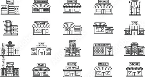Shopping mall, market and supermarket building icon collection in simple line style, retail store facade vector set for business, commerce, city marketplace design