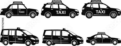 Taxi vehicle silhouette collection with sedan, wagon and van styles, black transportation vector icons isolated on white background representing urban taxi service and city travel
