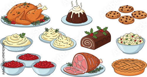 Traditional Christmas dinner food collection with roasted turkey ham pudding cookies pie cranberry sauce and mashed potatoes, festive holiday meal vector illustration set