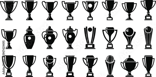 Trophy cup silhouettes collection with sports award cups and championship prizes, black victory trophy icons set isolated for competition, winner celebration and achievement design