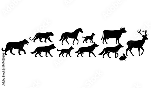 Animal silhouette horizontal set with tiger horse deer wolf fox dog cat and rabbit vector icons