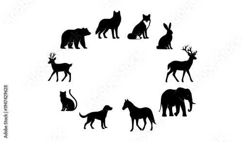 Circular animal silhouette vector set with bear wolf fox deer horse elephant and other mammals