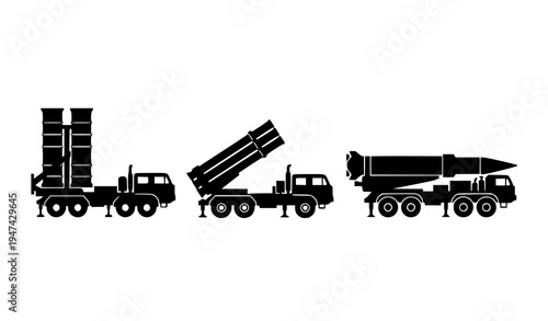 Military missile launcher truck silhouettes collection with rocket artillery and ballistic launcher vehicles