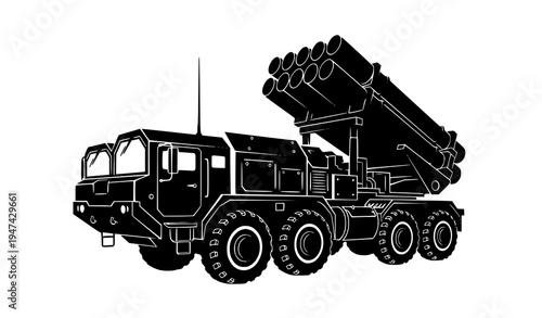Heavy military missile launcher truck silhouette vector icon with rocket artillery combat vehicle