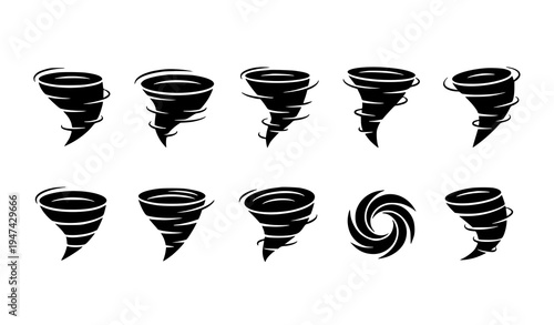 Tornado and hurricane icon set with swirling storm cyclone symbols in black vector design