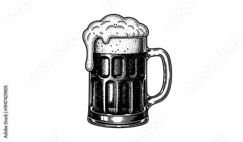 Vintage beer mug with frothy foam hand drawn engraving style vector for brewery pub bar design