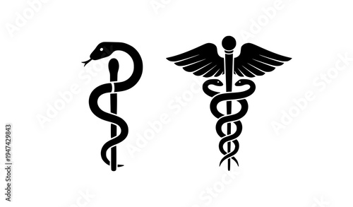 Rod of Asclepius and Caduceus medical symbols vector illustration healthcare staff serpent icons