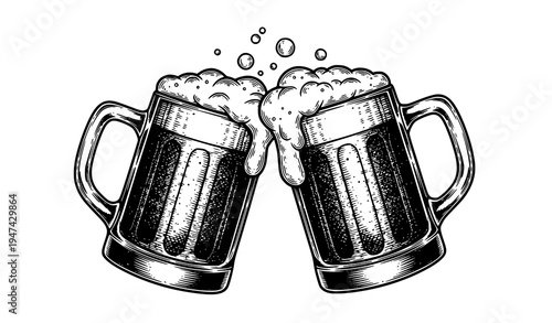 Vintage clinking beer mugs engraving style vector illustration for brewery pub bar menu design