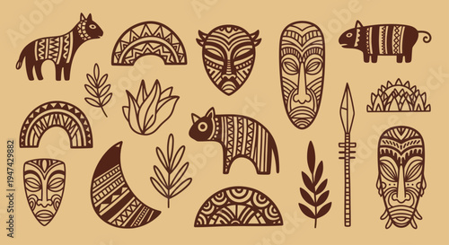 African Tribal Art Collection with Masks, Animals, and Nature Elements.