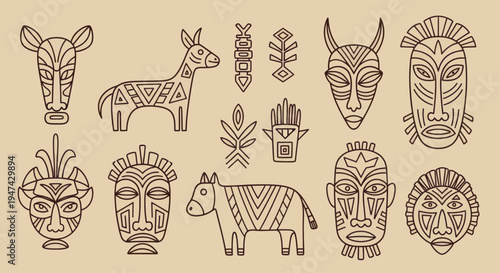 African Tribal Masks and Animals Vector Set.