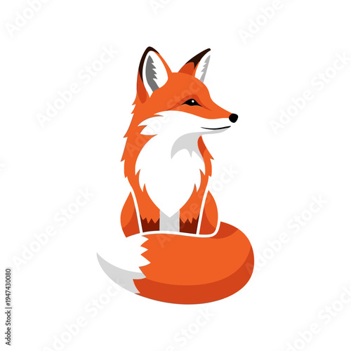 A vibrant, stylized illustration of a sitting fox with its bushy tail curled around it, featuring a white chest and pointed ears, on a clean white background