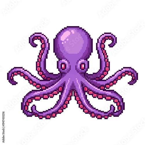 Pixel Art Purple Octopus Illustration on White Background, Adorable Cephalopod Sea Creature