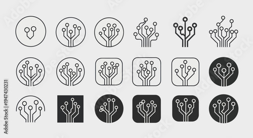 Collection of Circuit Board Icons Representing Technology and Connectivity.