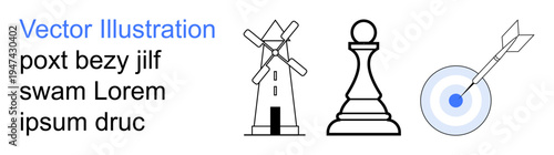 Business strategy, precision, competition, renewable energy, success goals, teamwork. Outlined windmill, chess pawn and bullseye target with an arrow. Strategy and success concept