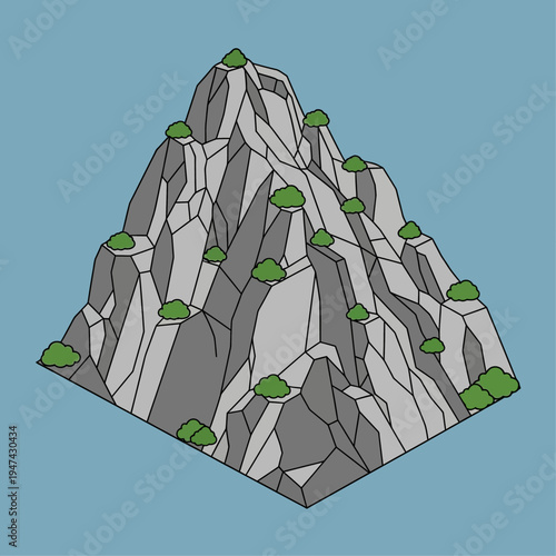 Isometric illustration of a rocky mountain with green bushes, set against a blue background.
