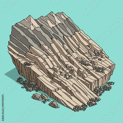 Isometric illustration of a layered rock formation with detailed textures and shadows.