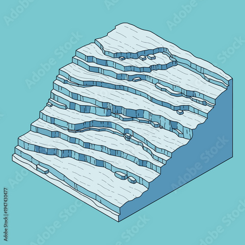 Isometric illustration of a layered glacier with visible crevasses and rocky debris.