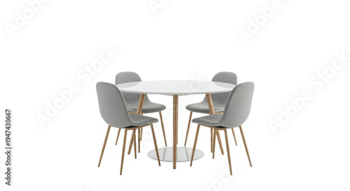 a round glossy white minimalist scandinavian dining table set with four matching chairs featuring light grey linen upholstery, isolated on a transparent studio background. Sophisticated modern living