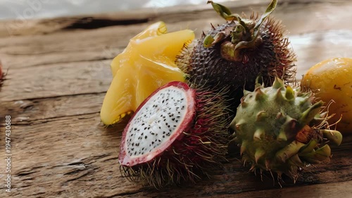 Vibrant assortment of exotic tropical fruits displayed on rustic wooden table for healthy eating.