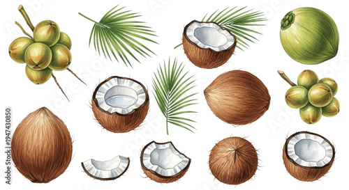 Watercolor Coconut Set with Palm Leaves Whole Coconut Half Coconut Tropical Fruit Illustration Collection