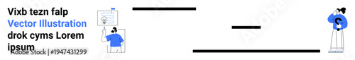 Communication, creativity, teamwork, presentation, visual storytelling, remote work. Two figures interacting with text and illustration elements. Communication and creativity concept