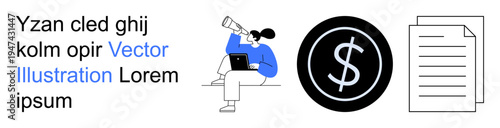 Financial planning, vision, business strategy, data organization, economic goals, and analysis. Person looking through a telescope, dollar sign and documents. Financial planning and vision concepts