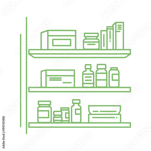 Medicine Bottles On Pharmacy Shelves Display.