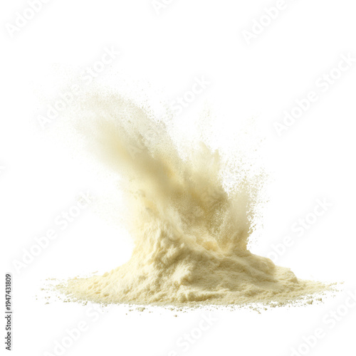 Powder explosion with fine particles and a pile of yellow powder on a white background isolated on a transparent background