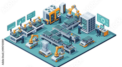 Isometric illustration of a renewable energy plant with people working around machines and industrial equipment in a factory setting.
