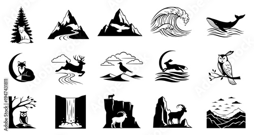 Set of minimalist wilderness icons and outdoor logos. Black and white nature silhouettes featuring mountains, forest animals, waves, and wildlife. Modern linear vector graphics for branding.