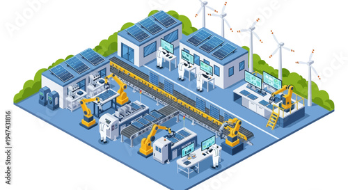 Isometric illustration of a renewable energy factory with people working among machines and wind turbines in the background, conveying a sense of industry and sustainability on a sunny day.
