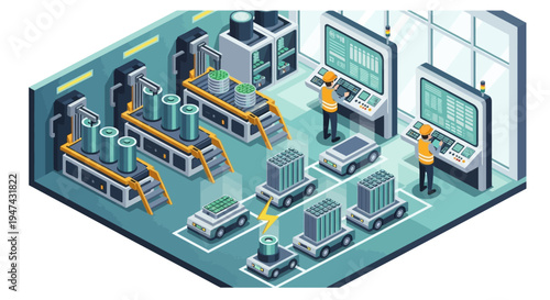 Isometric illustration of a renewable energy plant with people working on machines and computers in a modern factory setting.