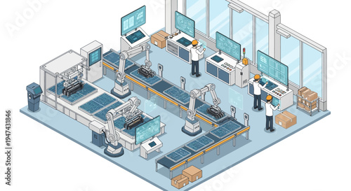 Isometric illustration of a modern renewable energy factory with people working on machines and equipment in a well-organized layout.