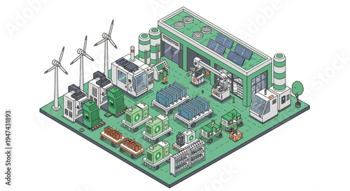 Isometric illustration of a renewable energy plant with people working around machines and solar panels on a green background, showcasing a modern factory design and layout in a business