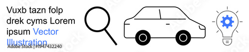 Analysis, automotive industry, innovation, creativity, research, technology. Minimalistic icons magnifying glass, car and lightbulb gear symbol. Analysis and automotive industry