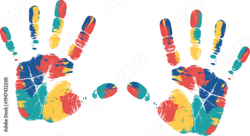 Colorful handprint illustration with vibrant brushstroke textures, artistic symbol of creativity, individuality, diversity, childhood expression, and inclusive design concepts