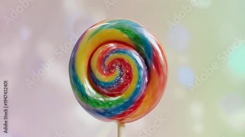 Vibrant Rainbow Swirl Lollipop Candy on a Bokeh Background.