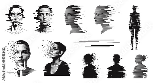 Set of futuristic glitch art portraits. Distorted female faces and silhouettes with digital noise, pixel stretch, and fragment effects. Abstract black and white cyberpunk tech illustrations.