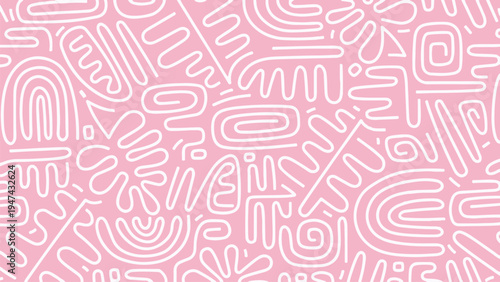 Pink background with white abstract shapes and lines illustration